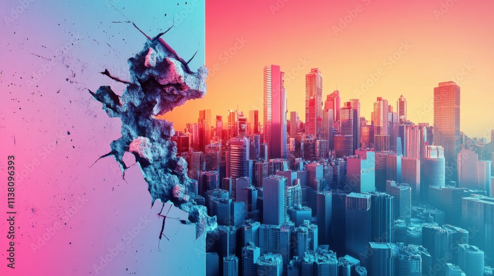Fototapeta premium Broken wall revealing a vibrant futuristic cityscape, symbolic depiction of breakthroughs, isolated with a clean gradient background for artistic clarity.