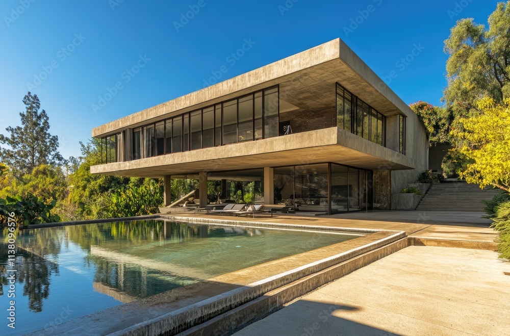 A wide-angle shot of the modern villa with a pool, located on top of the hill A wide-angle shot of the modern villa with a pool, located on top of the hill