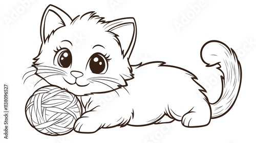 A cute cartoon kitten playing with a ball of yarn.