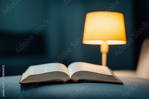 forgotten stories, an old book with yellowed pages rests on a worn couch under a dim lamp, its silent stories echoing themes of forgotten hobbies and isolation photo