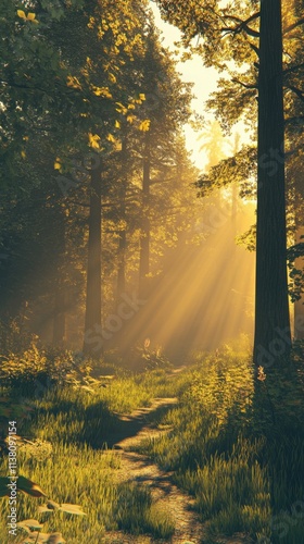 Golden sunlight shining through a forest clearing, vibrant and realistic textures, isolated with atmospheric gradient background for dramatic rendering.