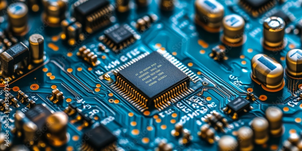 Futuristic AI Chip on Blue Circuit Board Futuristic AI Chip on Blue Circuit Board
