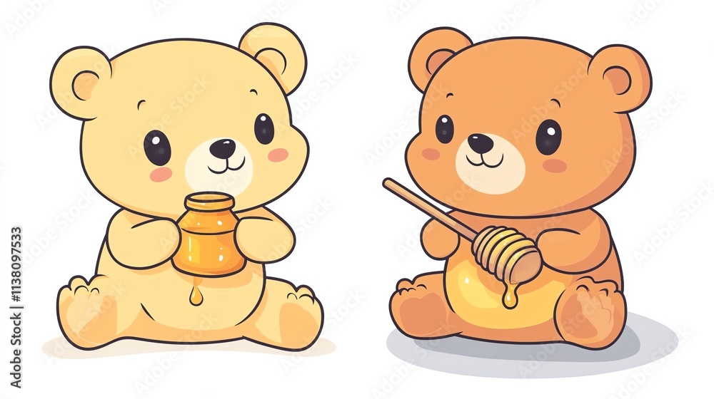 Two cartoon bears, one yellow and one brown, are holding honey. Two cartoon bears, one yellow and one brown, are holding honey.