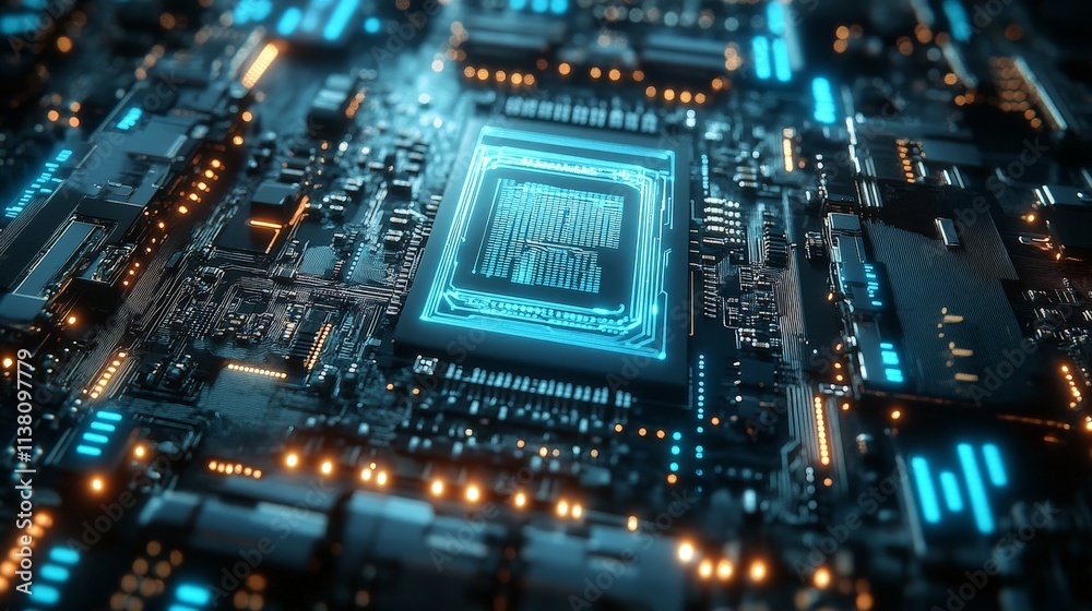 Fototapeta premium Futuristic AI Chip on Circuit Board Close-Up