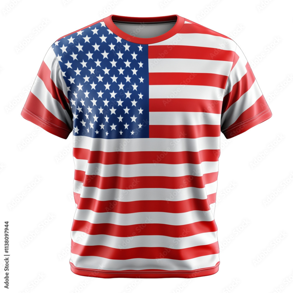 Fototapeta premium Short-sleeved t-shirt prominently displaying the American flag design provides a patriotic garment option for marketing.