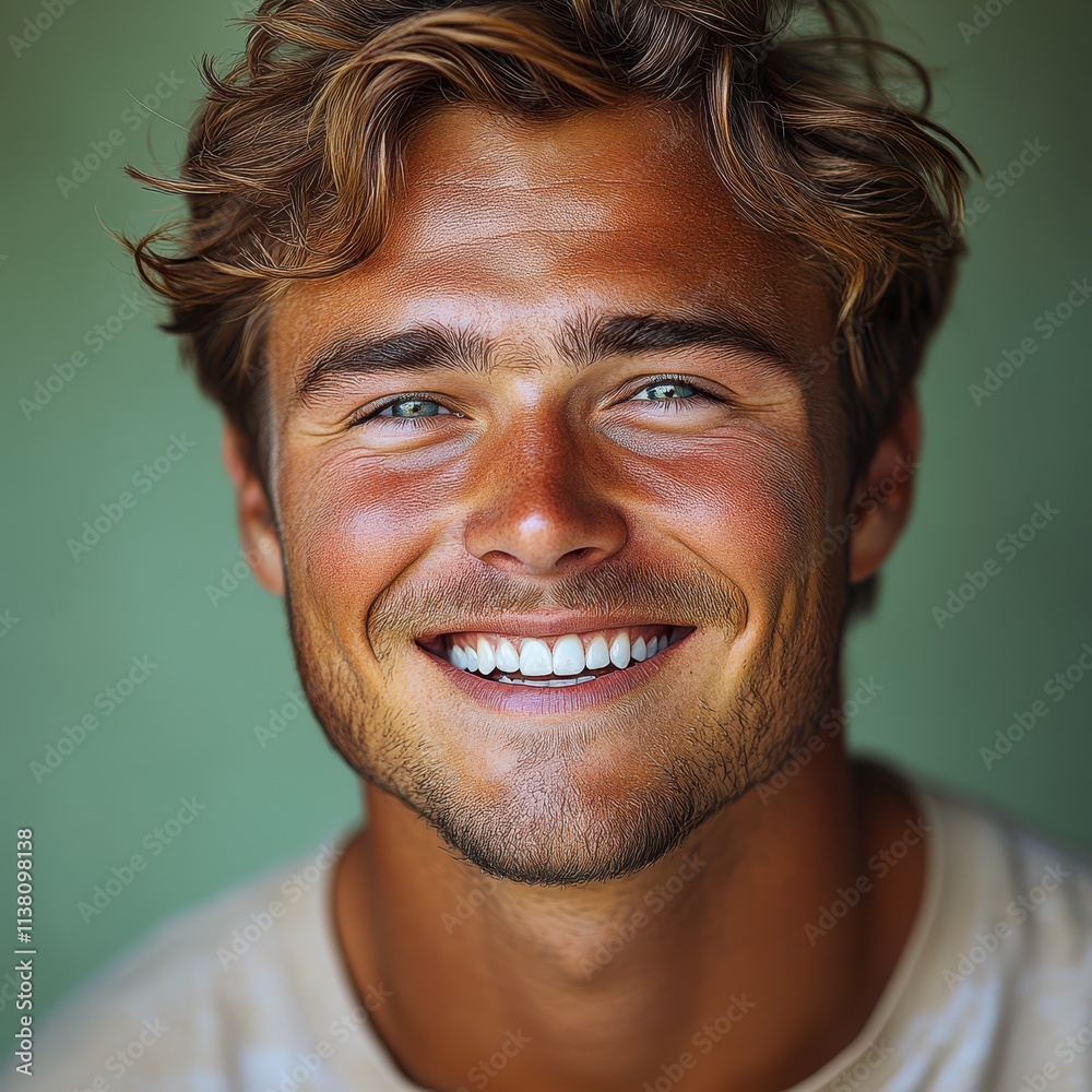 A young man with casual t-shirt is smiling at the camera, solid color background A young man with casual t-shirt is smiling at the camera, solid color background