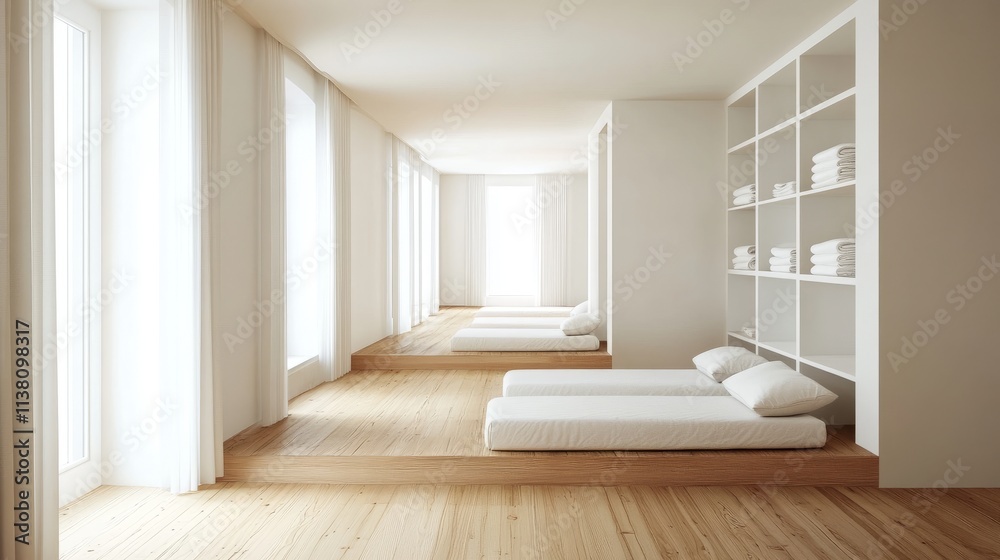 Fototapeta premium Bright minimalist interior with wooden floors, built-in white daybeds, and open shelves displaying neatly arranged linens
