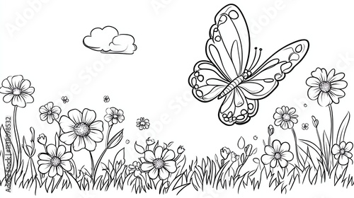 A black and white drawing of a butterfly flying over flowers in a field.