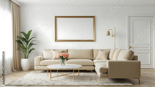 View of living room space with golden brown sofa set and marble coffee table on plain wall with blank picture frame