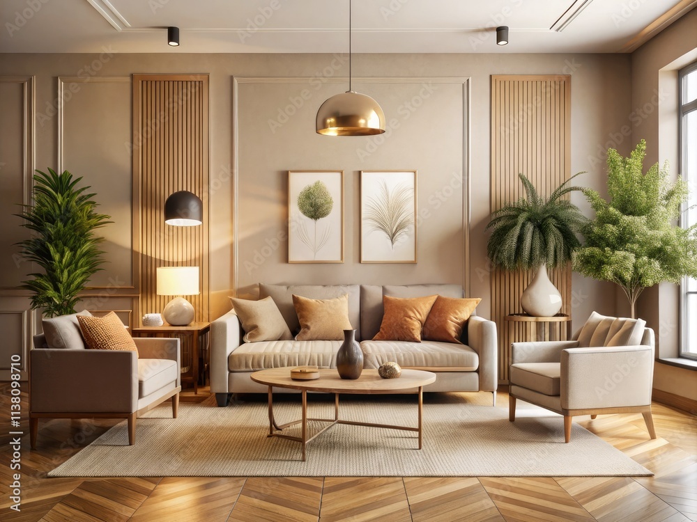 Stylish beige living room showcases framed artwork in a 3D rendering, perfect for home decor inspiration. Stylish beige living room showcases framed artwork in a 3D rendering, perfect for home decor inspiration.
