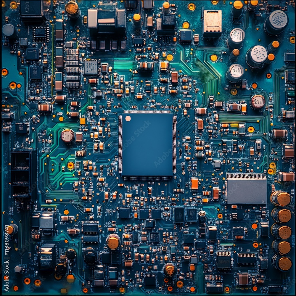 Futuristic AI Chip on Blue Circuit Board Futuristic AI Chip on Blue Circuit Board