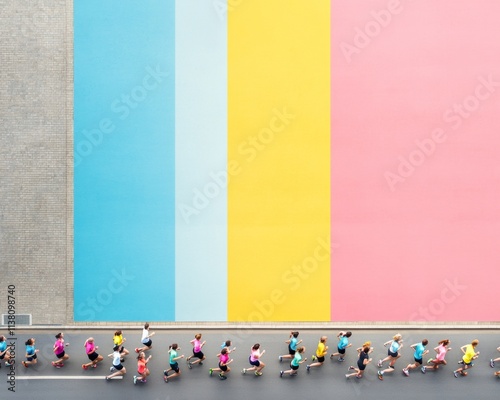Vibrant Aerial View of Marathon Runners Against Colorful City Wall