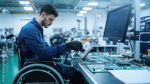 A skilled worker in a wheelchair operating precision equipment at a workstation in an electronics manufacturing factory.