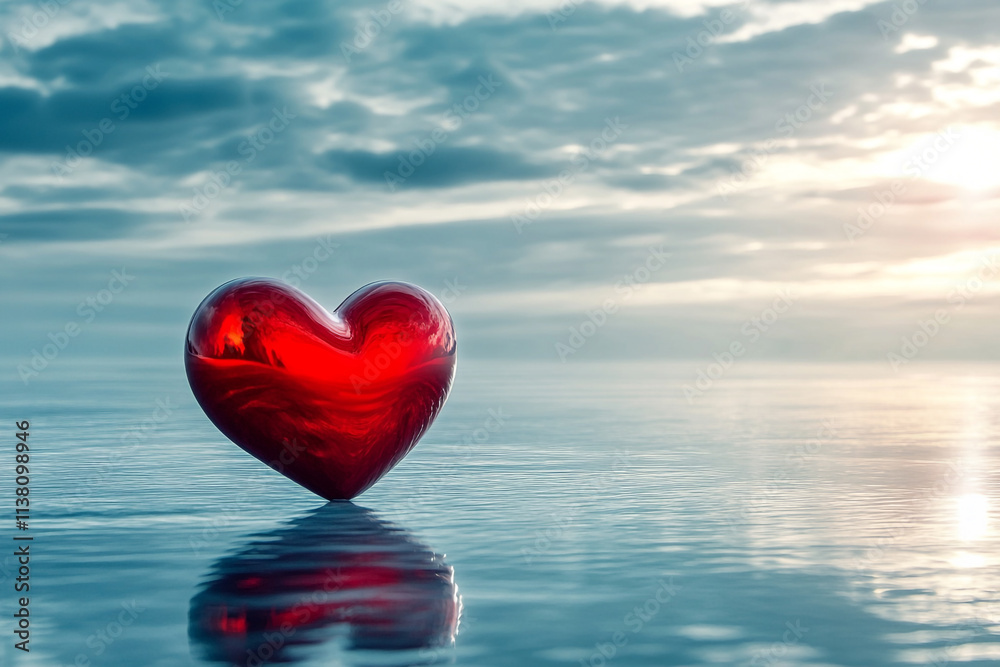 Fototapeta premium Red heart symbol reflecting on calm water during Valentine's Day celebration at sunset