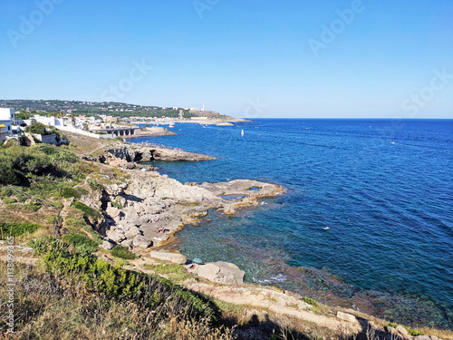 Santa Maria di Leuca, district of Castrignano del capo, Lecce, Puglia, Italy. Visible the old watchtower of Omomorto on the foreland Ristula and the lighthouse of Leuca on the foreland Meliso.