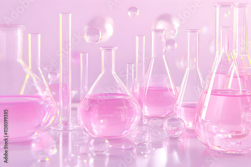 Pink Chemistry Laboratory with Glassware and Soft Lighting photo