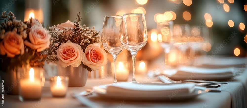 Fototapeta premium Romantic dinner table setting with candles, roses, and wine glasses.