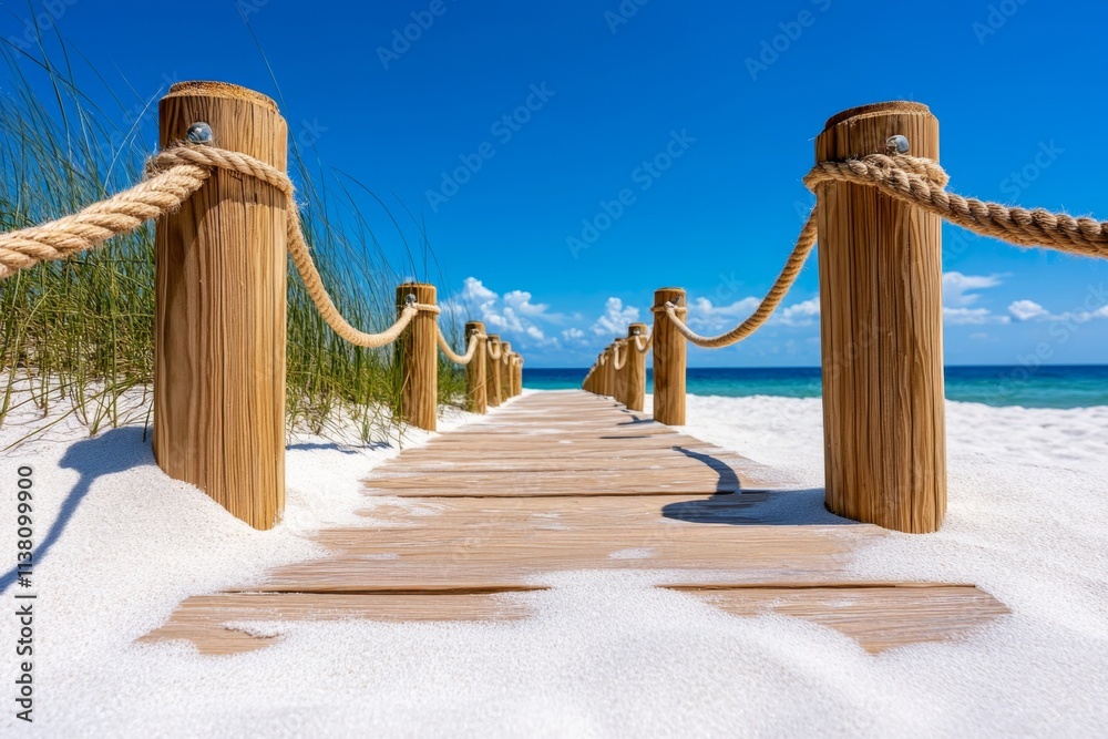Naklejka premium A beach fence made of weathered wooden posts and rope, with sand dunes and seagrass swaying in the breeze