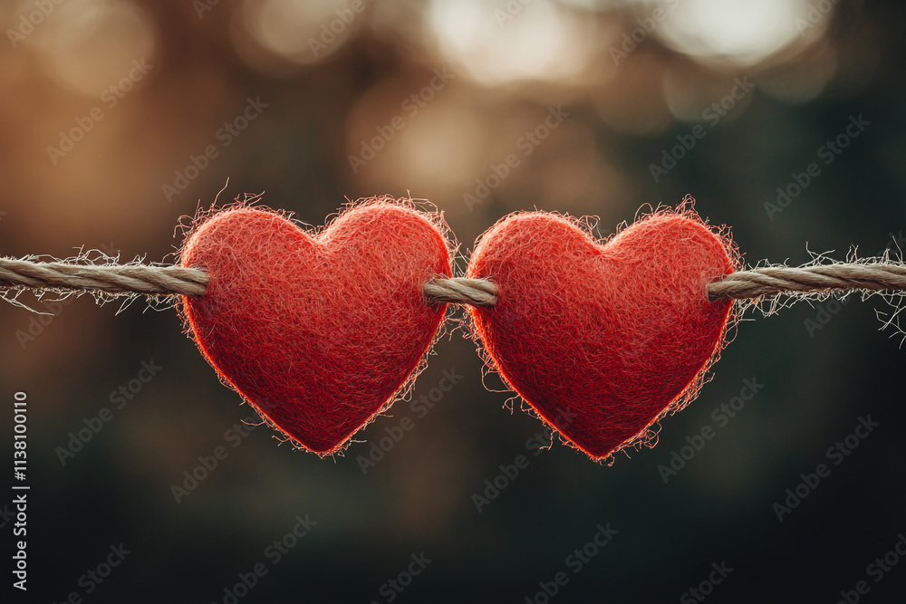 Festive heart decorations hanging for Valentine's Day celebration in a warm outdoor setting Festive heart decorations hanging for Valentine's Day celebration in a warm outdoor setting
