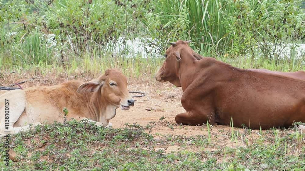 Two bulls, one brown and one light brown, rest on the grass near a pond, surrounded by nature. Two bulls, one brown and one light brown, rest on the grass near a pond, surrounded by nature.