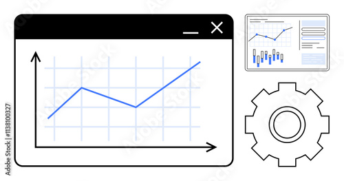 Graph with upward trend in browser window, secondary graph with bar chart, and settings gear. Ideal for data analysis, business growth, marketing, finance, project management, strategic planning