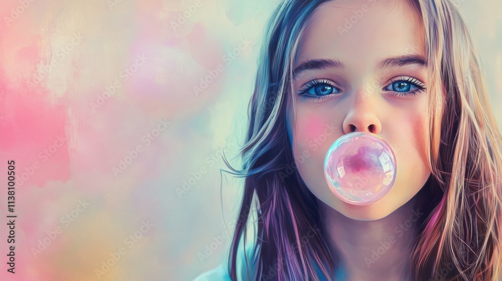 Portrait of a girl blowing bubble gum, playful and colorful, soft pastel background, youthful expression, fun and carefree, pop of bright color. Portrait of a girl blowing bubble gum, playful and colorful, soft pastel background, youthful expression, fun and carefree, pop of bright color.