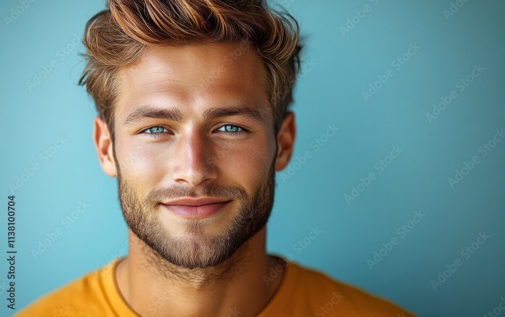 man with casual t-shirt is smiling at the camera, solid color background man with casual t-shirt is smiling at the camera, solid color background