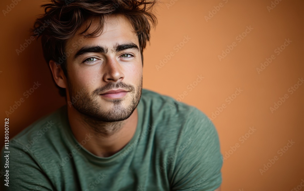 man with casual t-shirt is smiling at the camera, solid color background man with casual t-shirt is smiling at the camera, solid color background