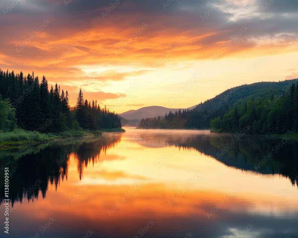 A beautiful sunset over a lake with trees in the background A beautiful sunset over a lake with trees in the background