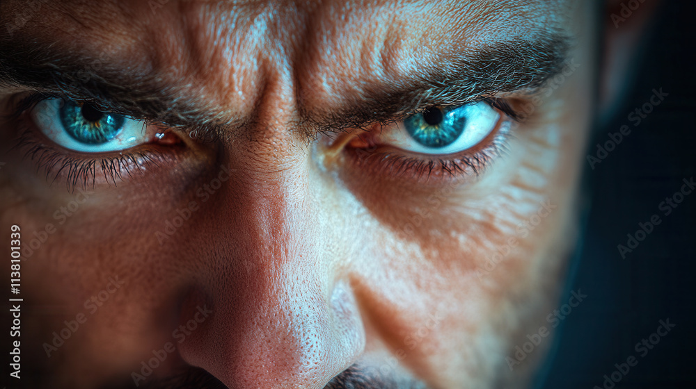Intense close-up of a man with striking blue eyes highlighting deep emotions and focus during a moment of contemplation or determination
