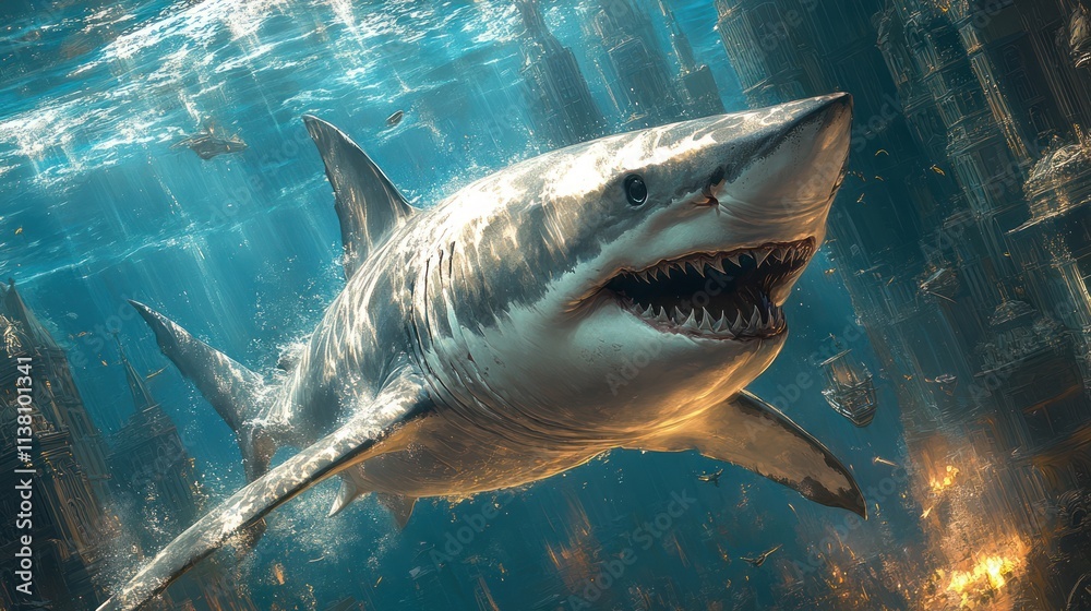 Fototapeta premium Great white shark swimming through a flooded city.
