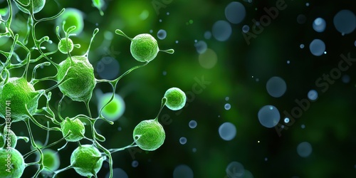 A close-up view of green cells or microorganisms against a dark background, showcasing a vibrant, abstract representation of life at a microscopic level.