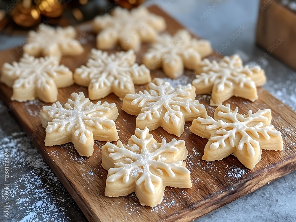 Christmas cookies shaped like snowflakes and stars on a wooden tray Christmas cookies shaped like snowflakes and stars on a wooden tray