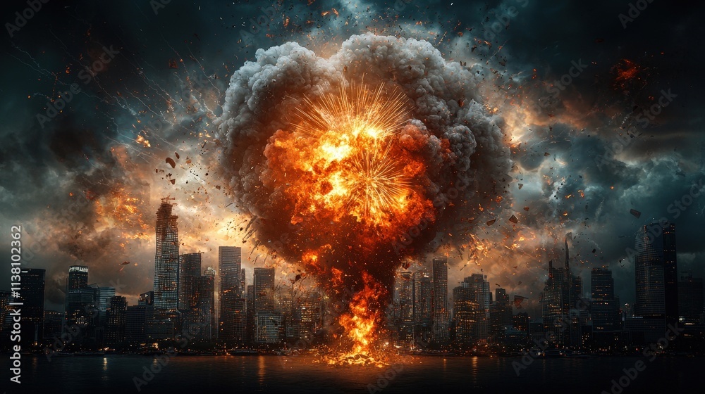 Obraz premium A large explosion is depicted in the sky above a city