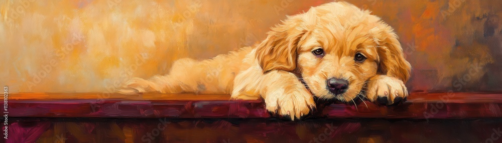 A cute golden retriever puppy resting its head on a table, exuding warmth and affection. A cute golden retriever puppy resting its head on a table, exuding warmth and affection.