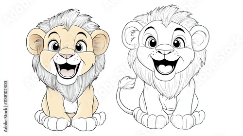 A cartoon drawing of a lion cub, with a coloring page outline. photo