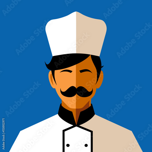 illustration flat Vector Illustration of a Classic Italian Chef with a Signature Mustache and Chef's Hat in a Charming Style