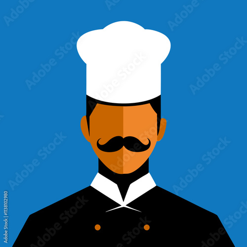 illustration flat Vector Illustration of a Classic Italian Chef with a Signature Mustache and Chef's Hat in a Charming Style