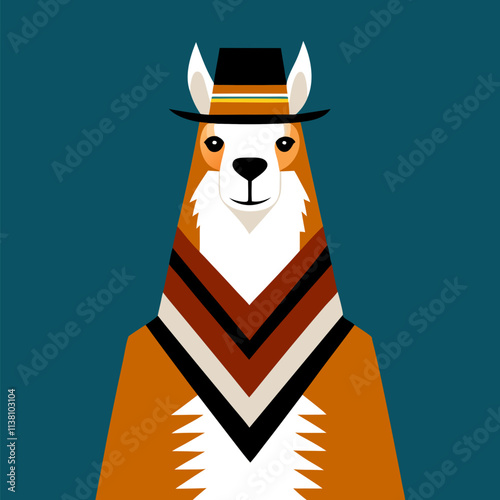 Portrait Flat Illustration of a Stylish Llama Wearing a Hat and Trendy Clothes in a Fun and Modern Design