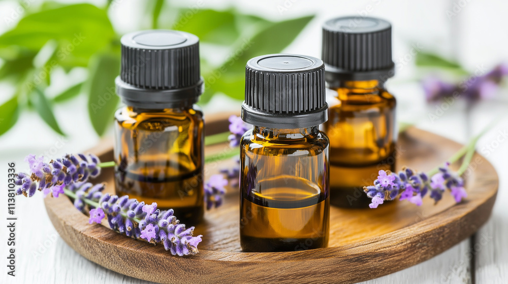 Amber Glass Essential Oil Bottles with Fresh Lavender and Natural Greenery
Amber Glass Essential Oil Bottles with Fresh Lavender and Natural Greenery