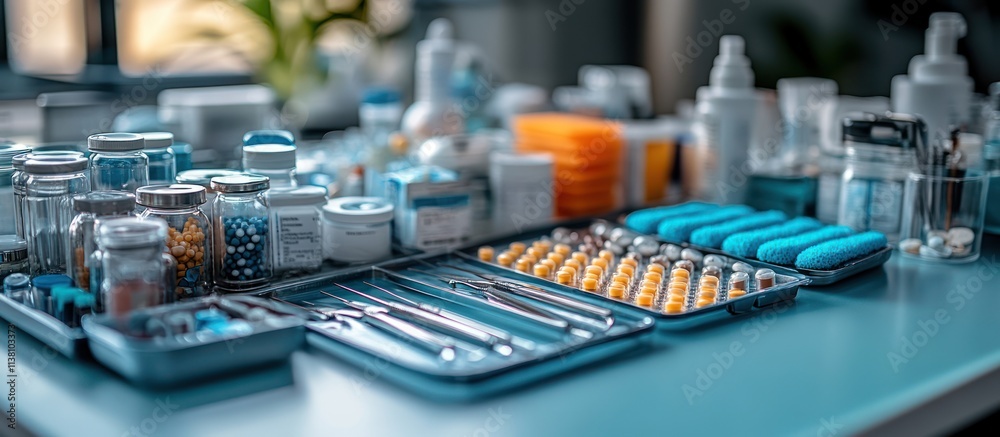Medical supplies and pills on a table. Medical supplies and pills on a table.