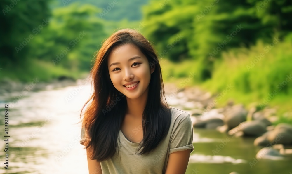 Young woman smiling by a serene river surrounded by greenery in a peaceful natural setting during daylight Young woman smiling by a serene river surrounded by greenery in a peaceful natural setting during daylight