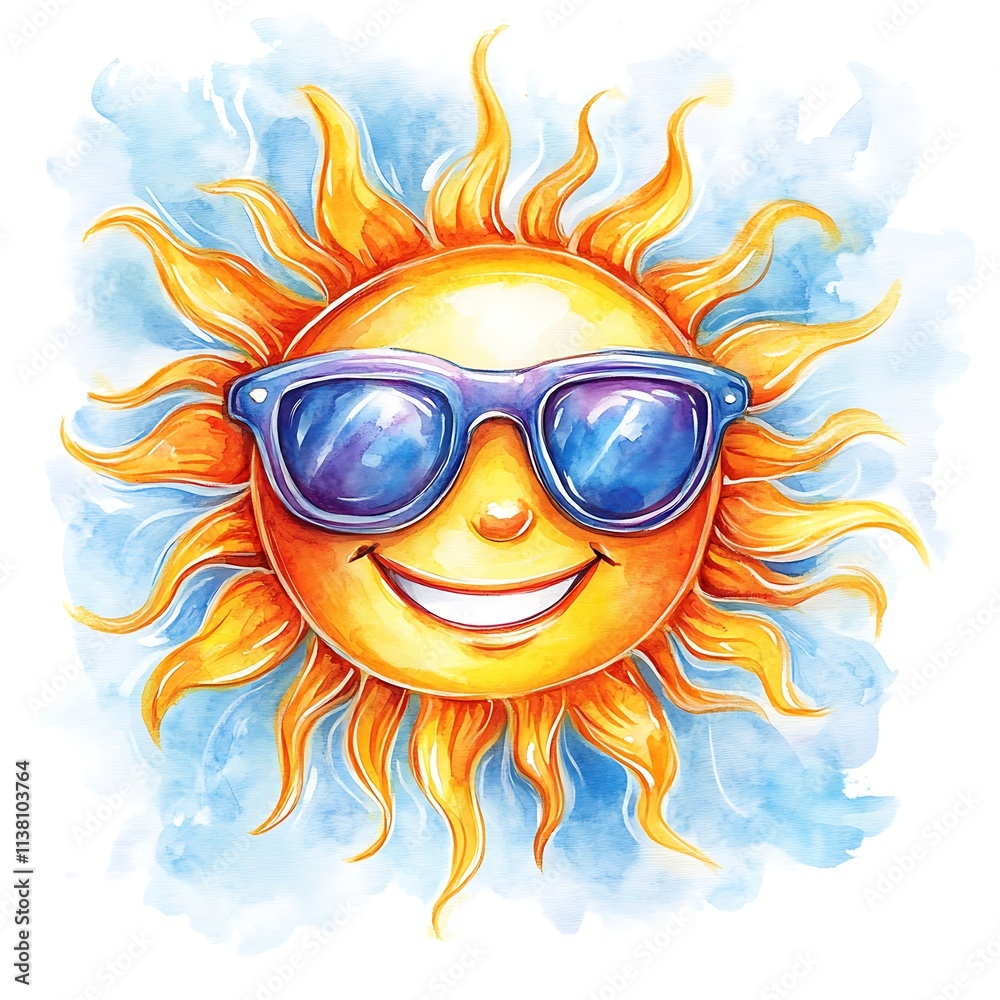 A watercolor painting of a smiling sun wearing sunglasses against a light blue background. A watercolor painting of a smiling sun wearing sunglasses against a light blue background.
