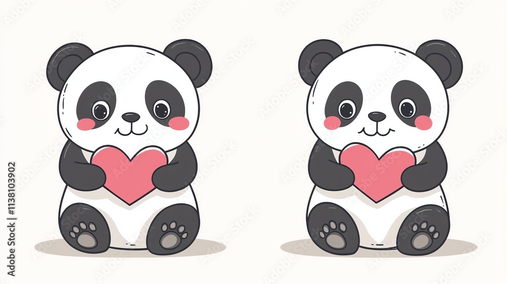 Two cartoon panda bears holding hearts. Two cartoon panda bears holding hearts.
