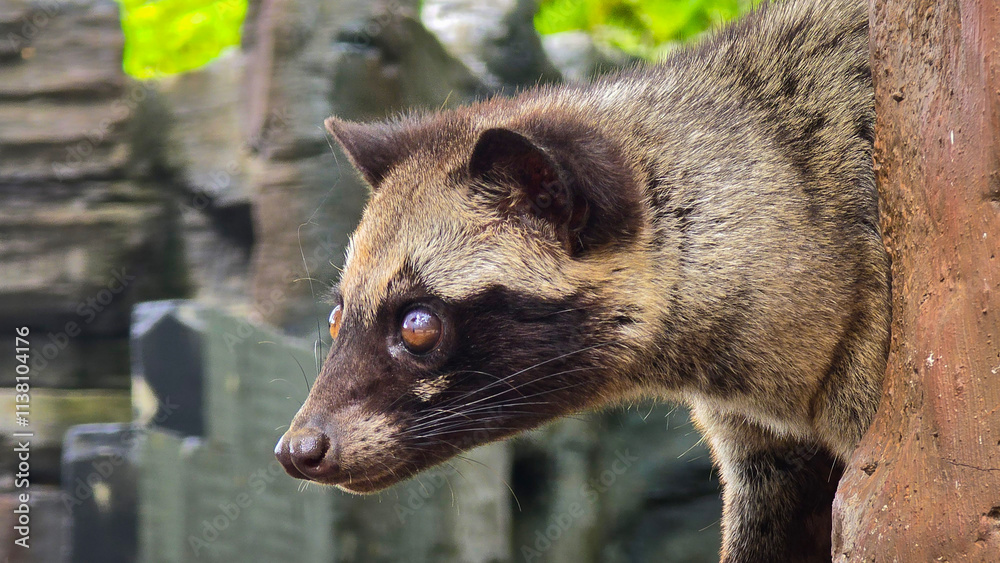 Obraz premium Asian palm civet or locals calls it Musang Pandan or Luwak coffee producer, latin name paradoxurus hermaphroditus, resting on a tree