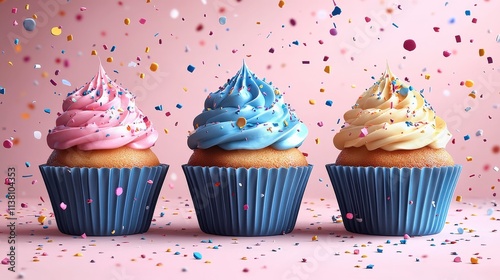 Colorful Cupcakes on a Pink Background with Confetti, Perfect for Celebrations, Parties, or Sweet Treats in a Festive Atmosphere, Indulge in Deliciousness