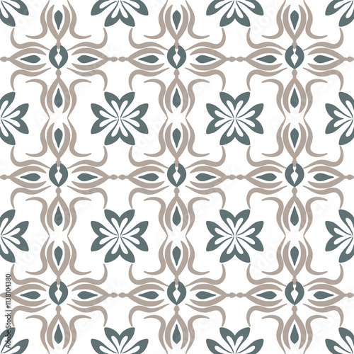 Brown, green, and white traditional damask design, seamless pattern, vector illustration. Design for fabric ends and clothing.