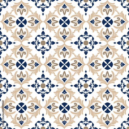 Dark blue, brown, and white classic traditional damask design, seamless pattern, vector illustration. Design for fabric ends, carpet, rug, and clothing.