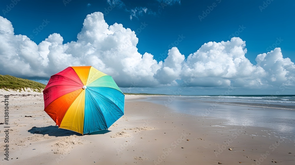 Vibrant beach scene with rainbow-colored umbrella on sand, set against turquoise ocean and white clouds, capturing summer vacation essence with natural lighting in wide angle perspective. Vibrant beach scene with rainbow-colored umbrella on sand, set against turquoise ocean and white clouds, capturing summer vacation essence with natural lighting in wide angle perspective.