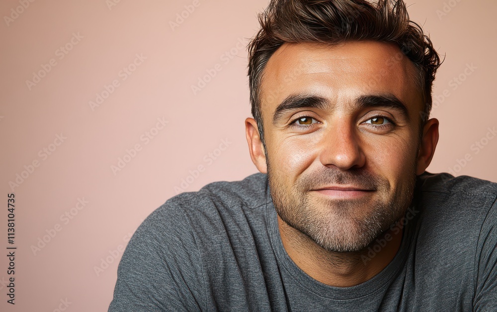 man with casual t-shirt is smiling at the camera, solid color background man with casual t-shirt is smiling at the camera, solid color background